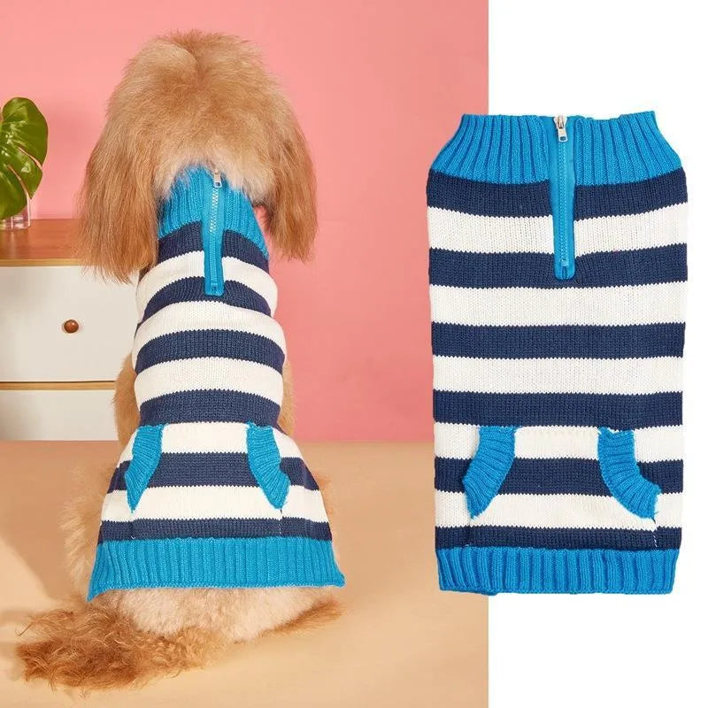 Grey dog sweater with horizontal zipper, button pocket, and contrast colour details for small to medium-sized dogs