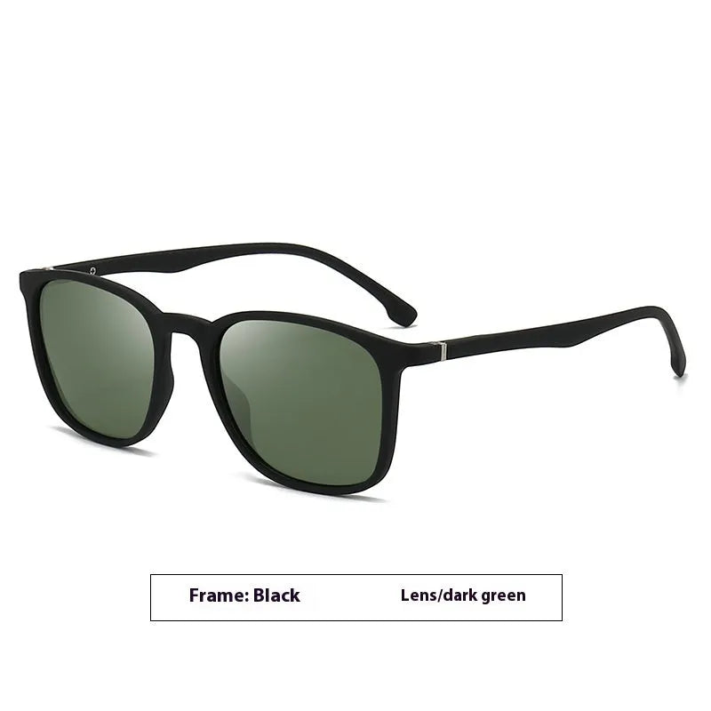 Men's polarised sunglasses with a black frame and dark green lens, showing PC construction and elastic paint finish.