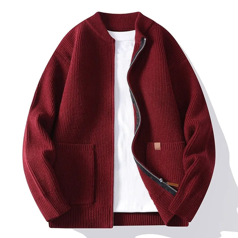 Men's striped sweater cardigan jacket in chemical fibre blend fabric shown in straight cut design