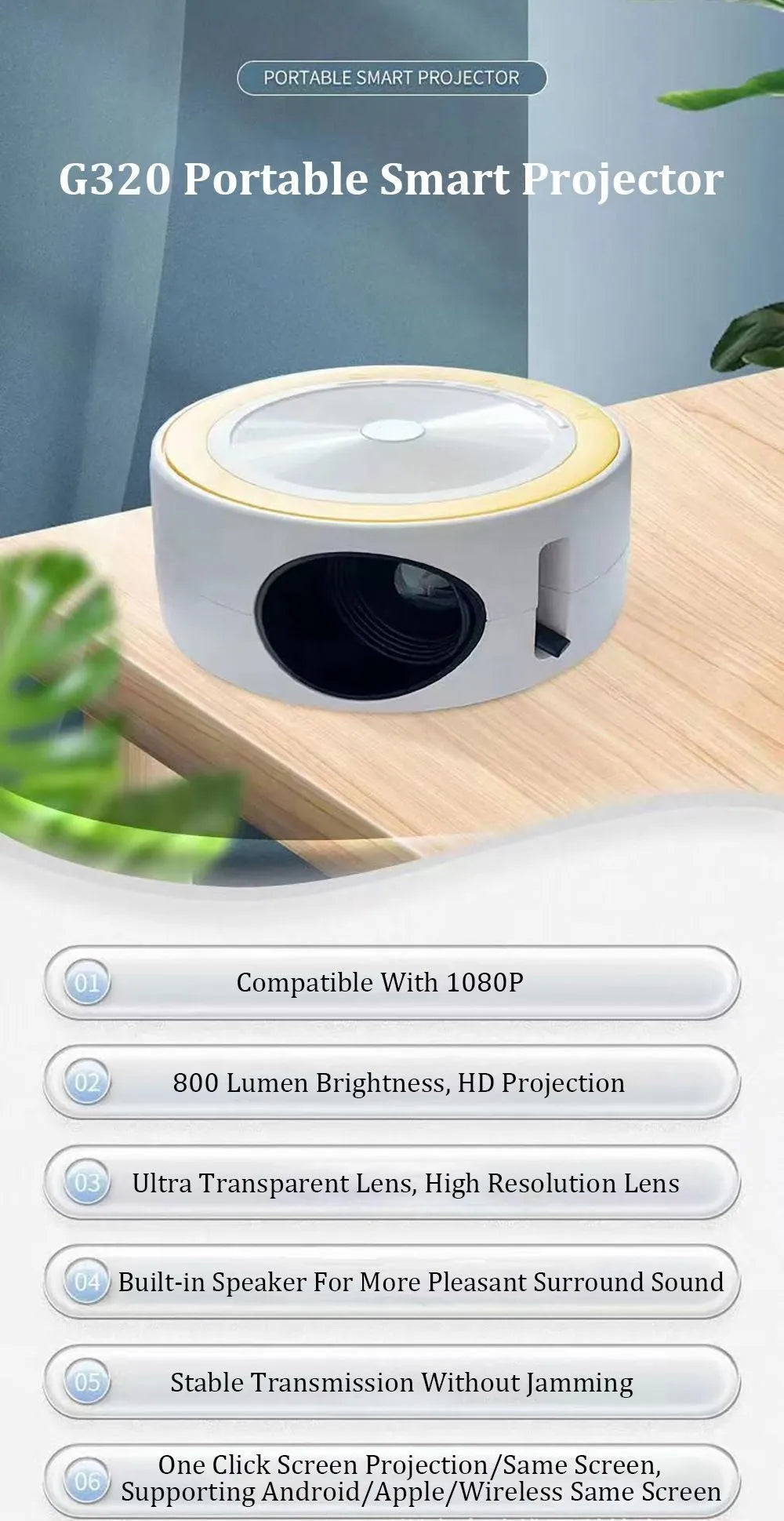 Wired home LED projector YT200 in compact 110x47mm casing with remote control and USB cord