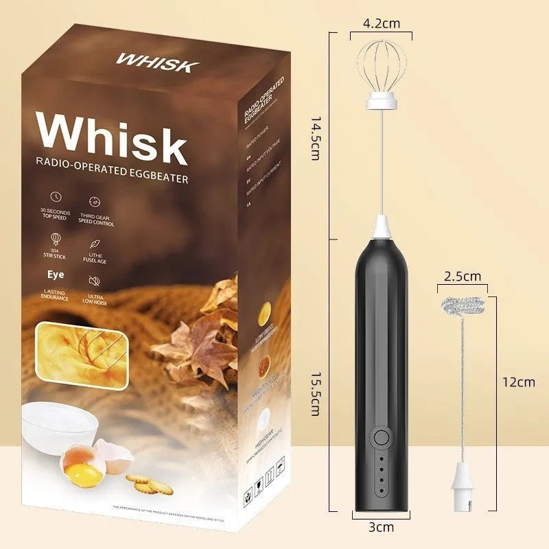 Mini handheld electric milk frother in black, white and khaki colours with USB charging