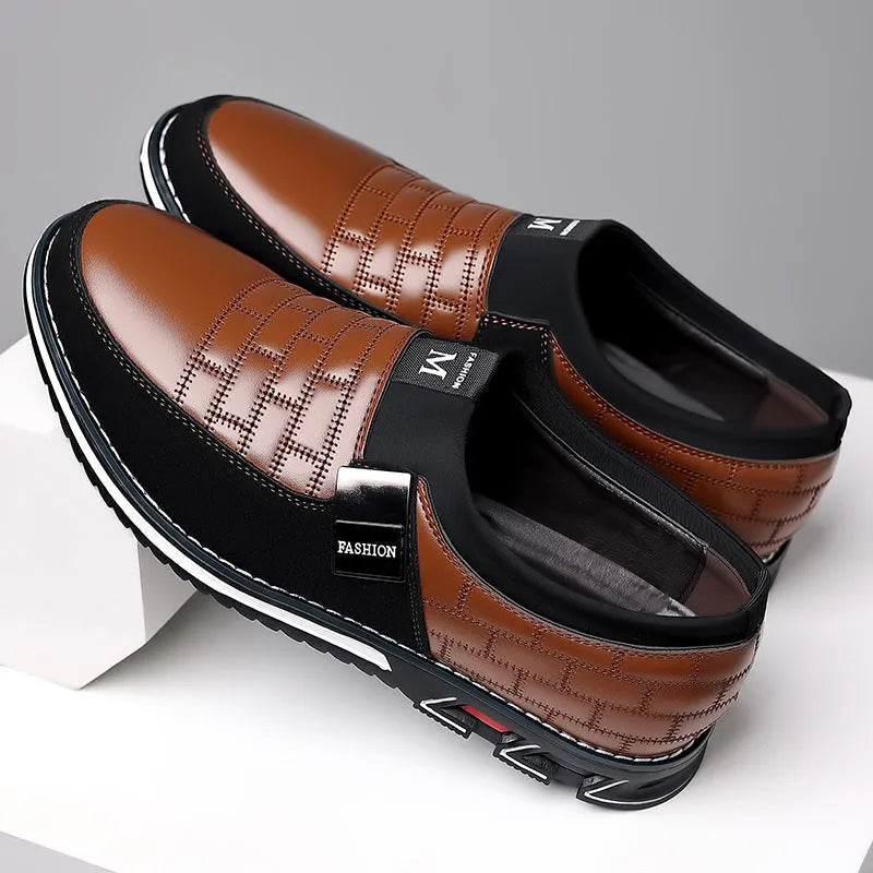 Men's slip-on plus size casual leather shoes black round toe artificial PU rubber sole