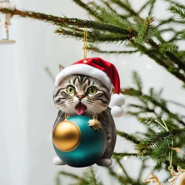 Colourful cartoon-style kitty cat Christmas ornament hanging, made from clear acrylic for car interiors.