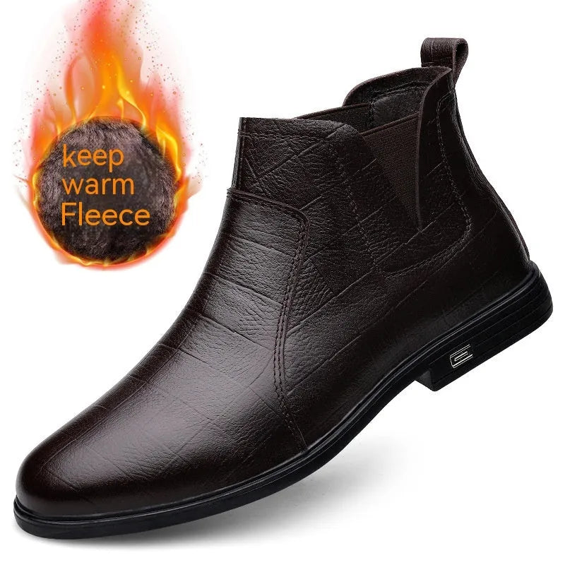 Men's casual leather boot black fleece lined first layer cowhide low heel winter