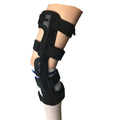 Black anterior ligament knee pad with iron-plastic skeleton construction shown in multiple sizes