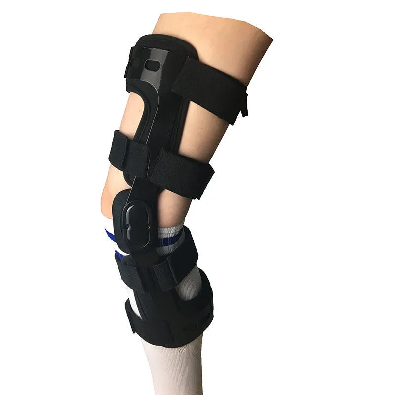 Black anterior ligament knee pad with iron-plastic skeleton construction shown in multiple sizes