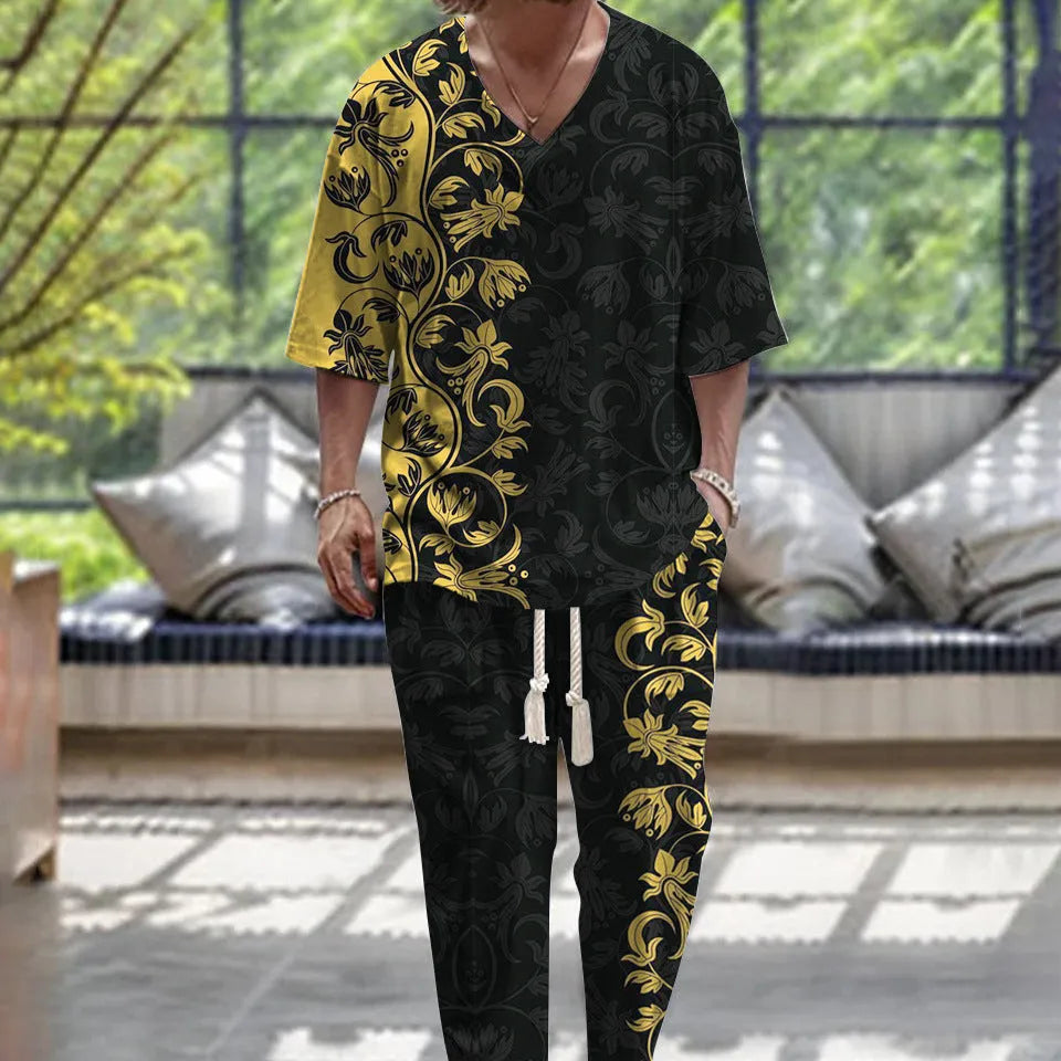 Man's thin polyester tracksuit set with V-neck cropped sleeve jacket and matching trousers