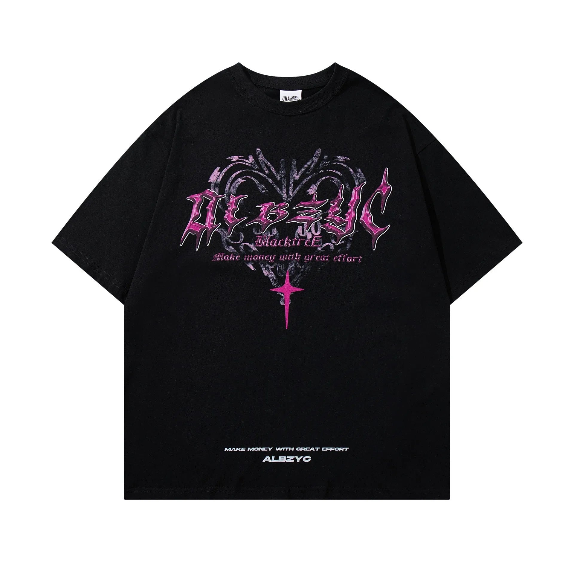 Man wearing a black loose-fit cotton t-shirt with a retro graphic print on the front.