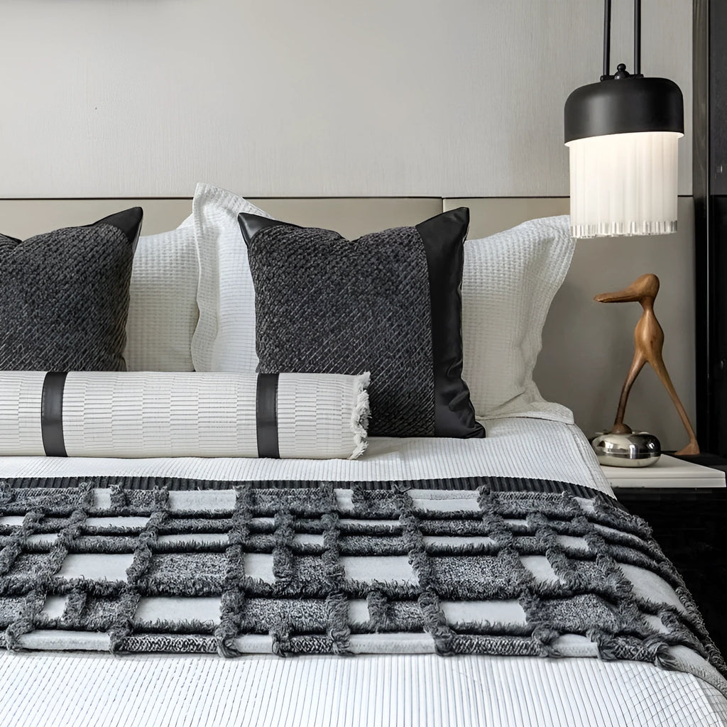 Grey and white plaid polyester bed runner blanket set with pillow on a 1.5m bed