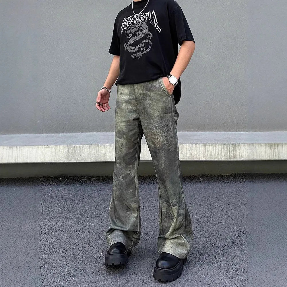 Men's retro digital camouflage denim jeans with straight leg cut and mid waist design