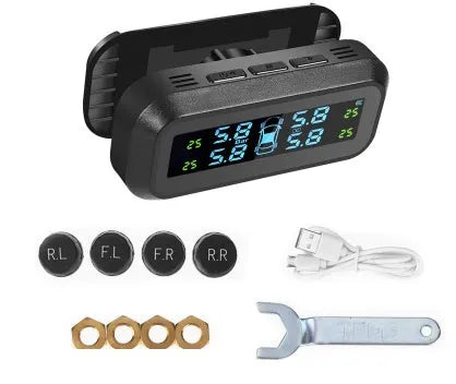 Solar wireless car tyre pressure monitoring system with colour screen and four sensors on a dashboard