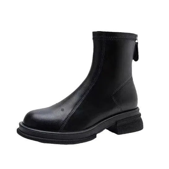 Women's flat heel ankle boots with back zip in artificial PU leather, round toe shape, rubber soles