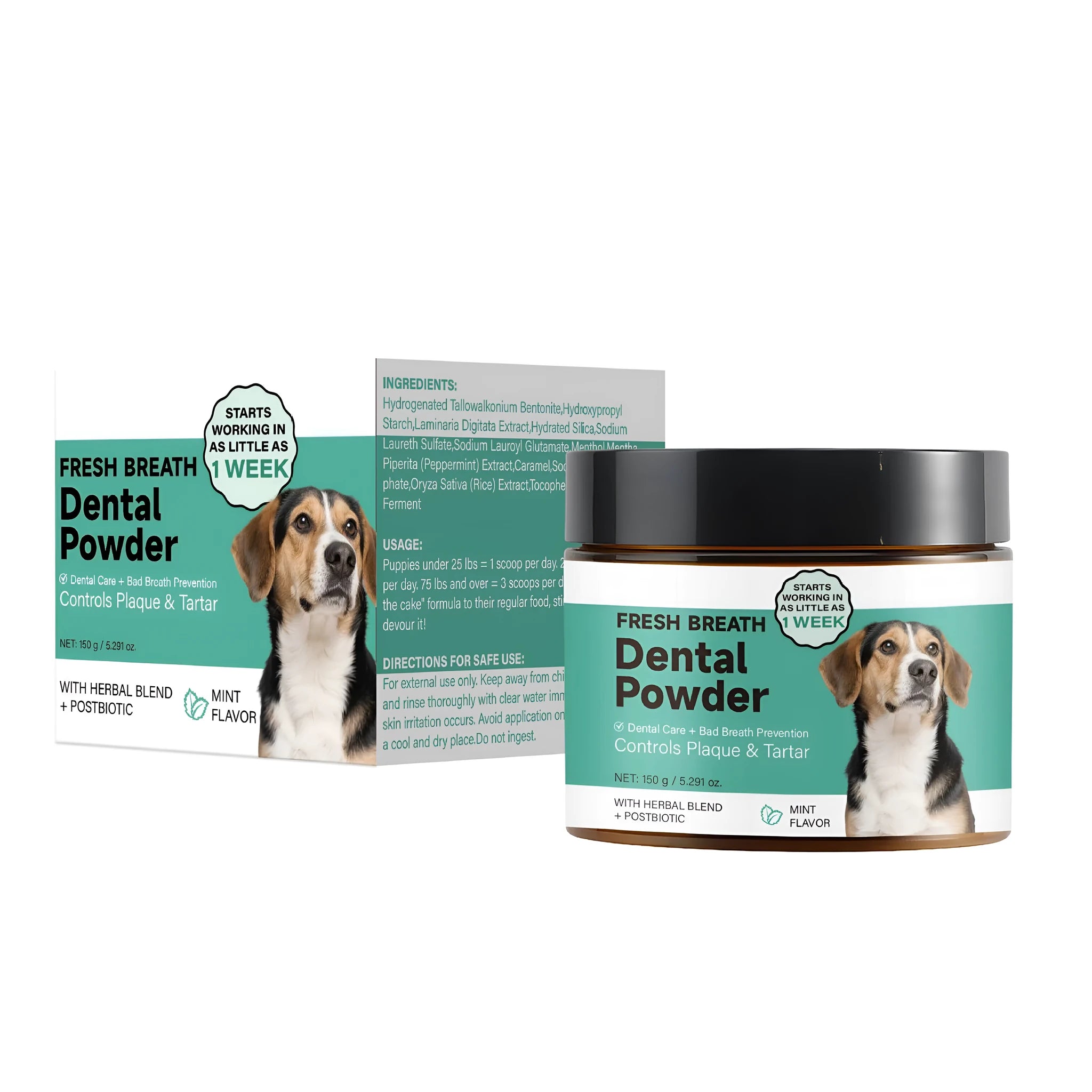 150g jar of dog dental cleaning powder for canine teeth and fresh breath care