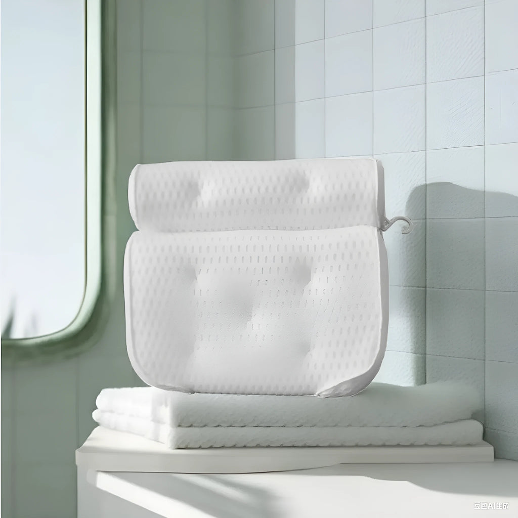 White luxury bathtub pillow with textured 3D material and seven large suction cups on the back.