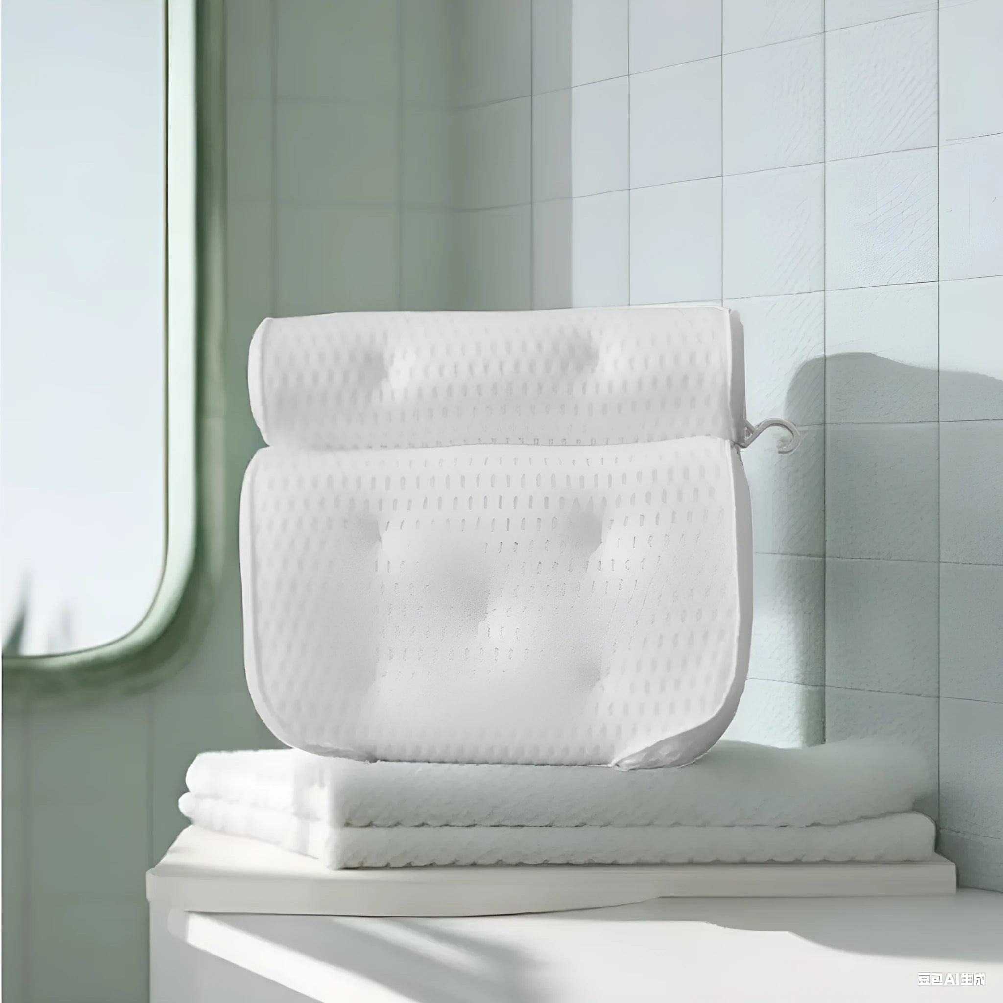 White luxury bathtub pillow with textured 3D material and seven large suction cups on the back.