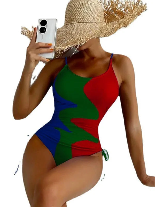 Women's sleeveless backless one-piece swimsuit in blue, purple, brown, or green colours