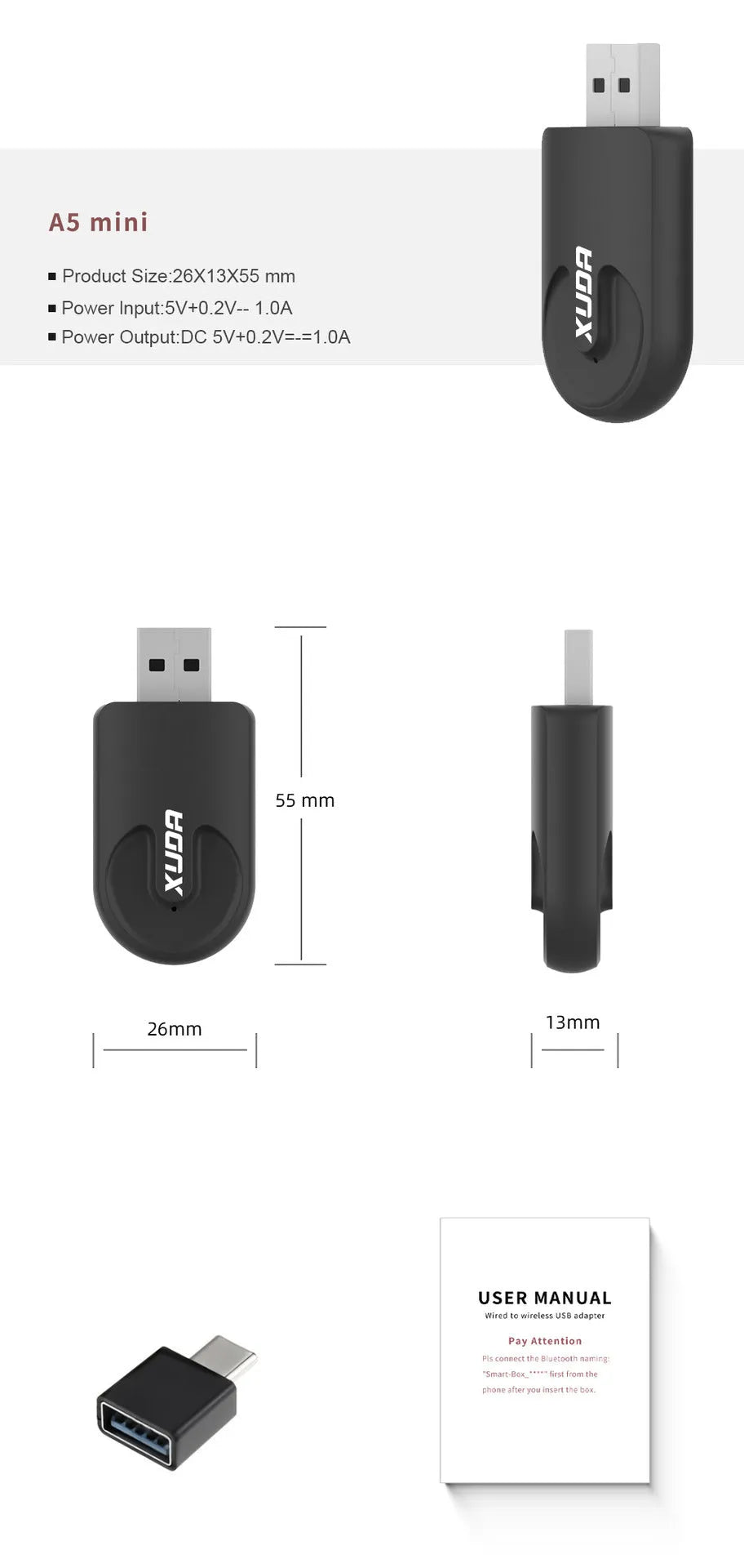 Small black wireless CarPlay USB adapter with compact rectangular design.