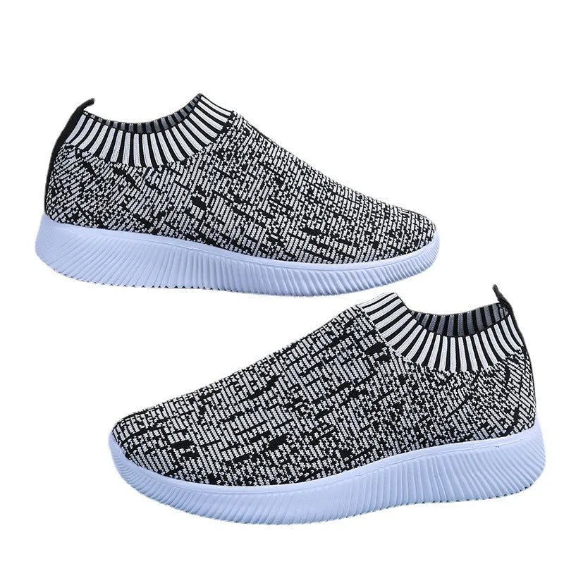Unisex stripe knit sock shoes flat sneakers in white grey flower colour low top EVA sole