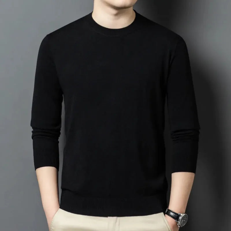 Men's round neck long sleeve wool sweater in a pullover style for winter.