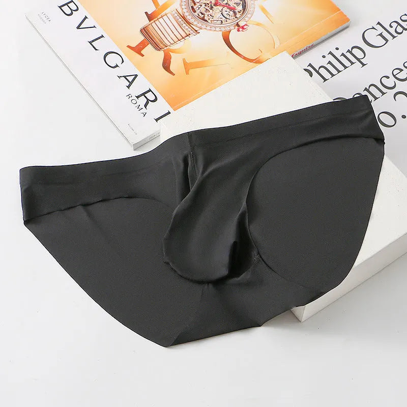 Men's black ice silk seamless briefs with a mid waist and a visible bulge support pouch.