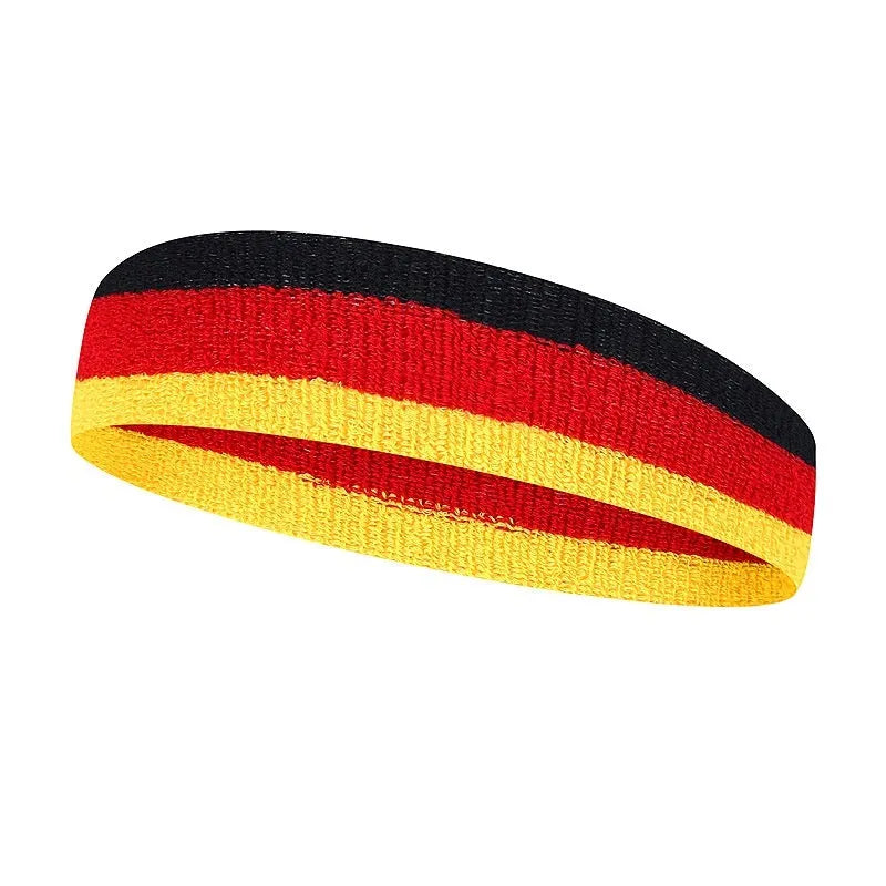Multi-colour sports headband for adults shown in red, yellow and blue, with a size scale indicating 5.5 cm width.