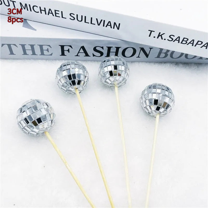 Glass disco ball cake decoration with wooden stick in multiple sizes for celebration cakes