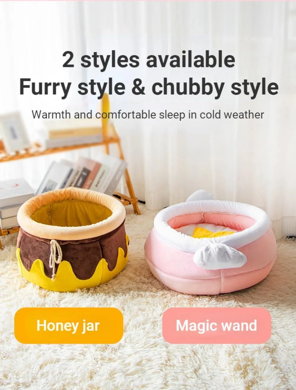 Honey pot shaped cat sofa bed with magic wands in soft pink fabric with removable cushion