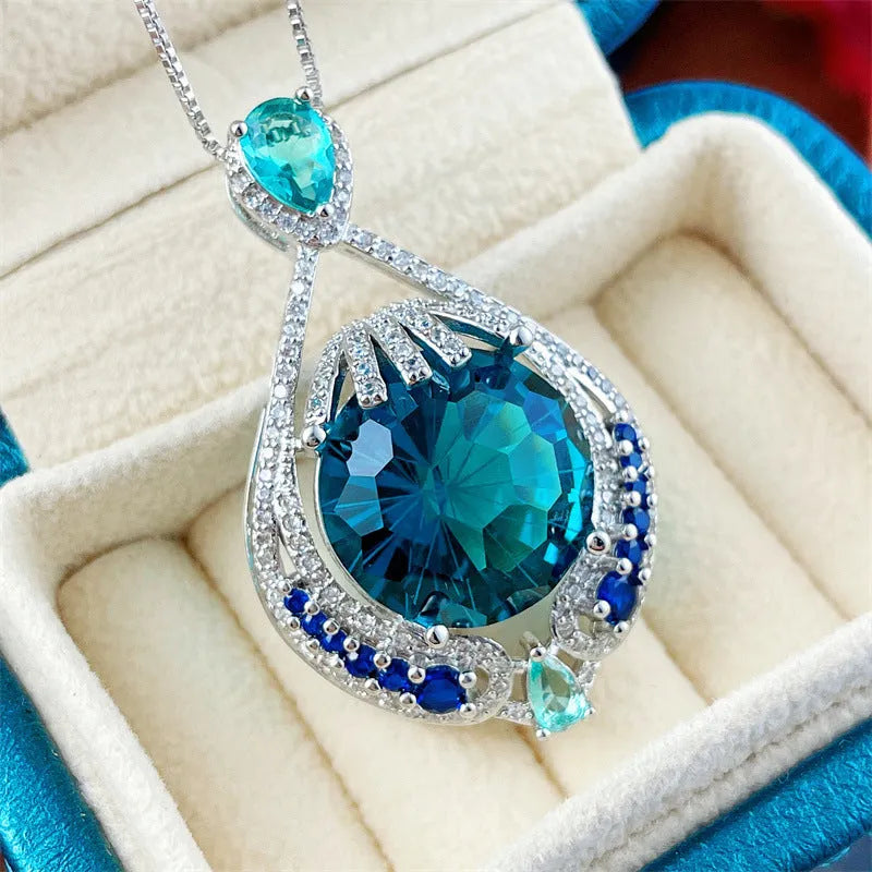 Blue crystal fireworks cut pendant necklace on geometric alloy water wave chain