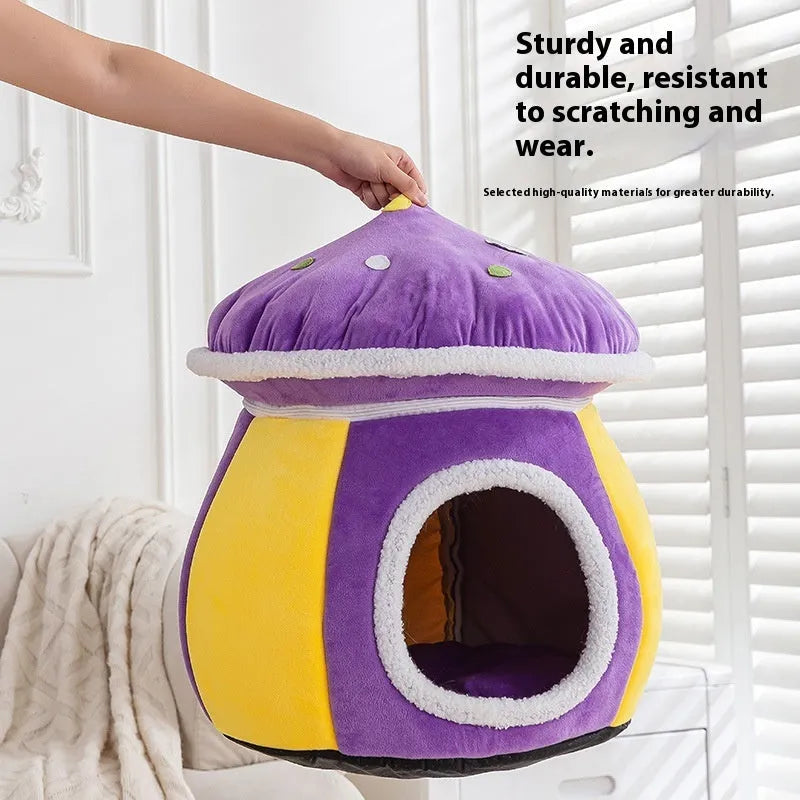 Grey mushroom-shaped plush cat bed nest for small pets on a white background.
