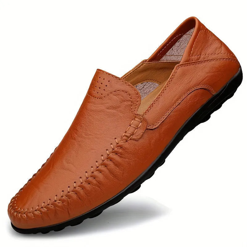Men's brown leather business casual shoes with round toe and flat heel design