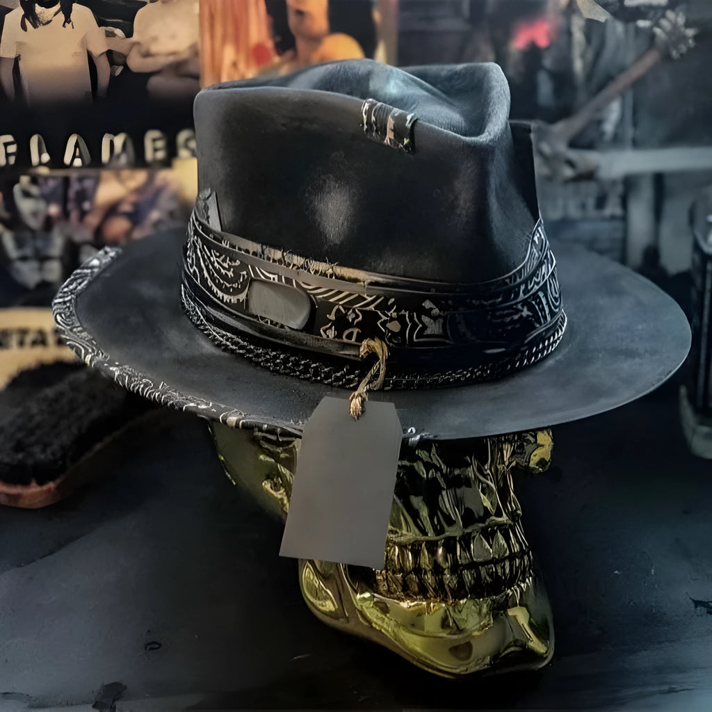 Handmade wool felt conical hat with skull design showing conical silhouette and wool texture