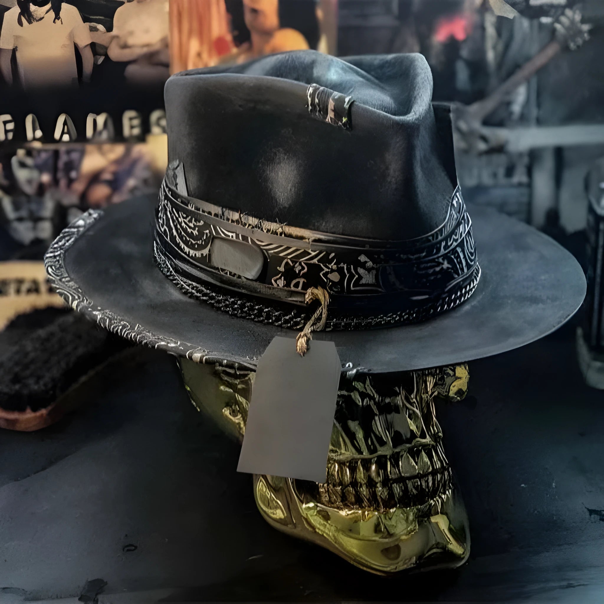Handmade wool felt conical hat with skull design showing conical silhouette and wool texture