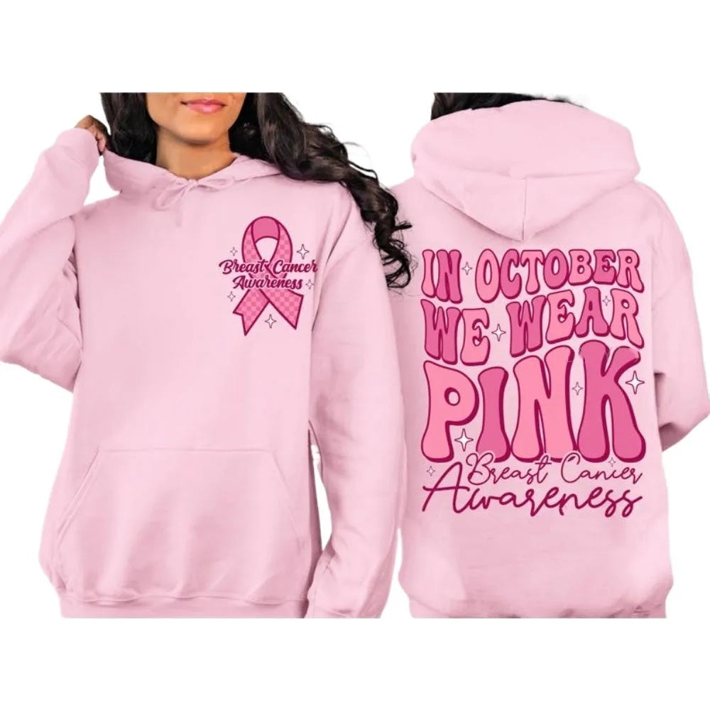 Pink Breast Cancer Awareness hooded sweatshirt with retro pattern and side seam pockets