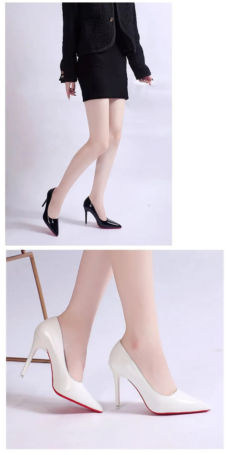 Women's pointed toe stiletto pump in a solid colour with a shallow cut, showing heel height options.