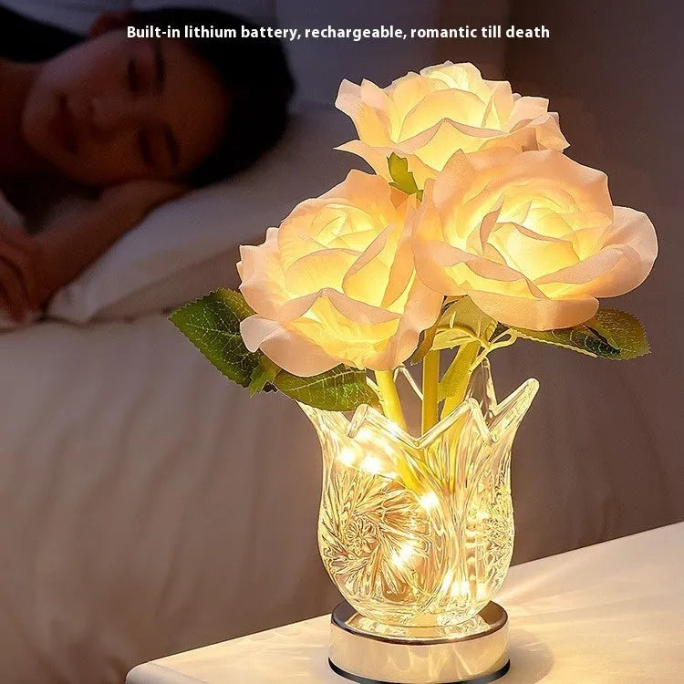 Modern crystal flower design bedside lamp with touch dimming control on a wooden table.