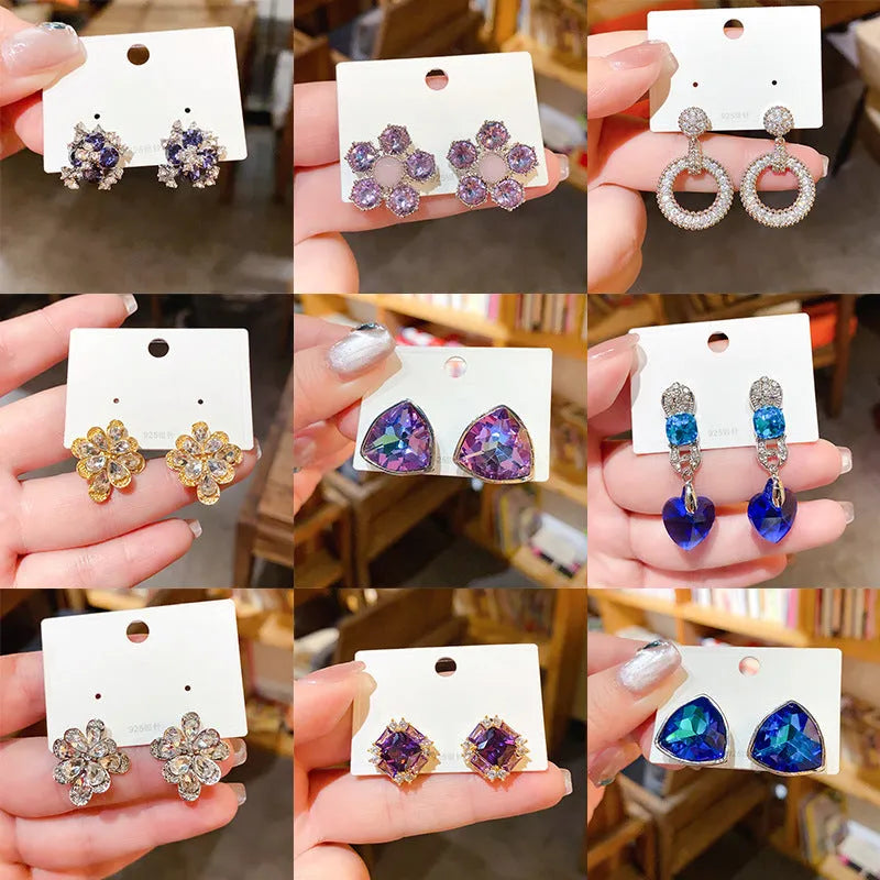 Light luxury heart-shaped zircon inlaid copper ear studs for women, gold, silver, purple, blue colours, geometric design