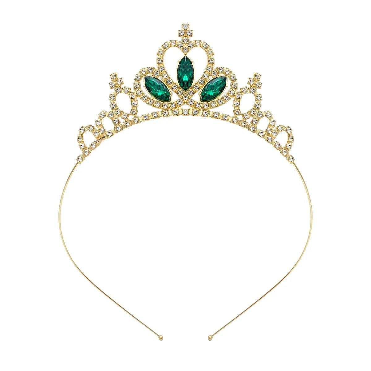 Gold and silver electroplated alloy princess crown headdress for girls with coloured diamond embellishments.