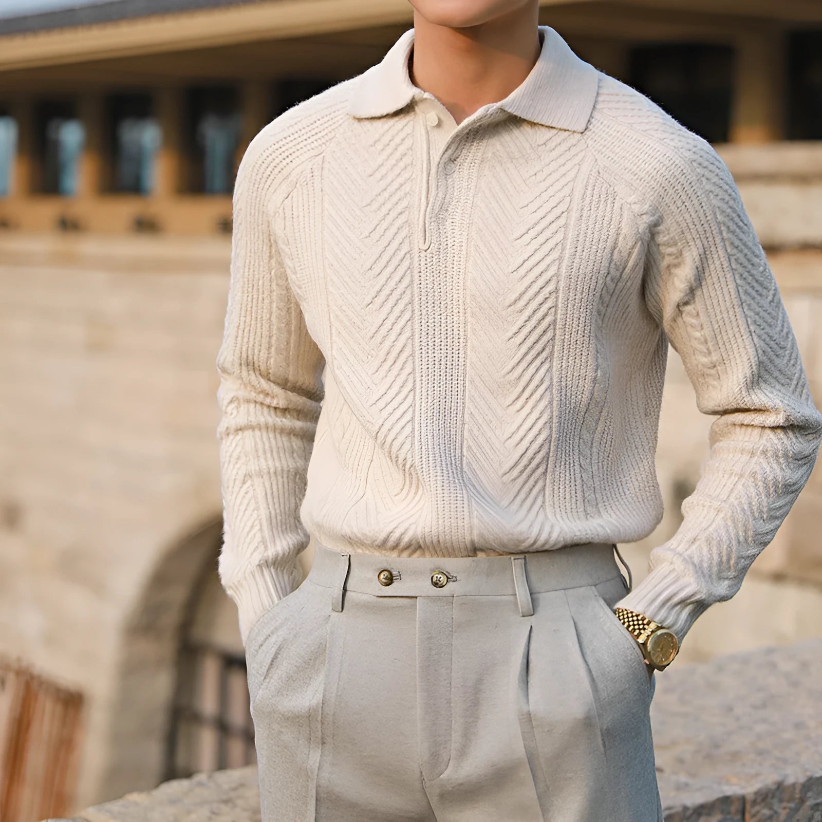 Men's thickened warm base sweater with stand collar in apricot colour, long sleeves, knit fabric