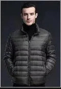 Men's lightweight down jacket in green plain cotton fabric with hood, short casual fit