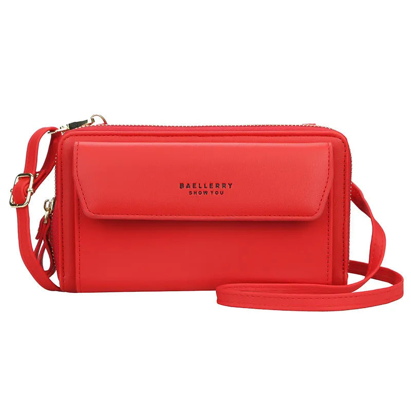 Red PU leather ladies messenger bag with diagonal strap and zipper closure