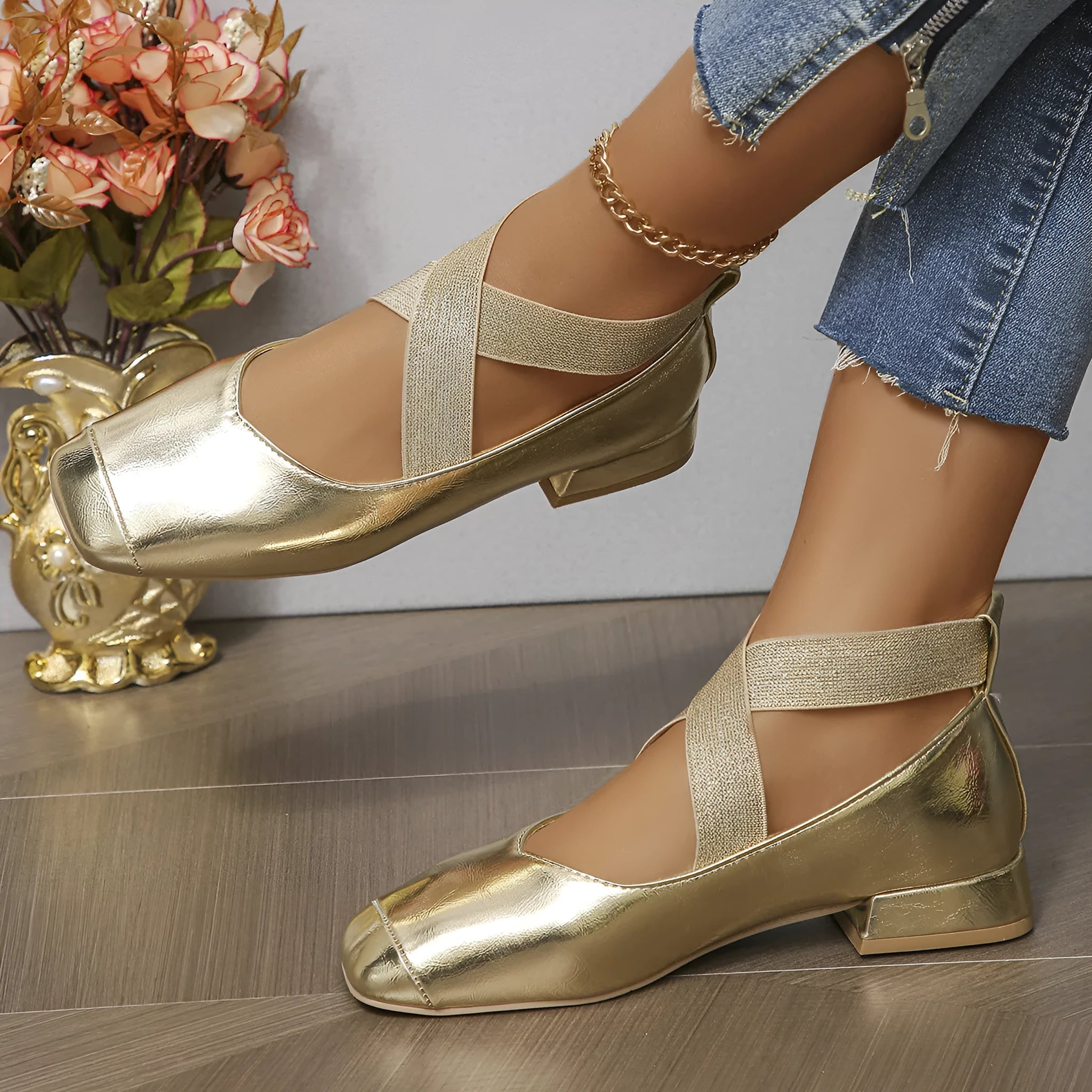 Slip-on French evening pumps with skirt, low heel, square toe, artificial PU upper, available in black