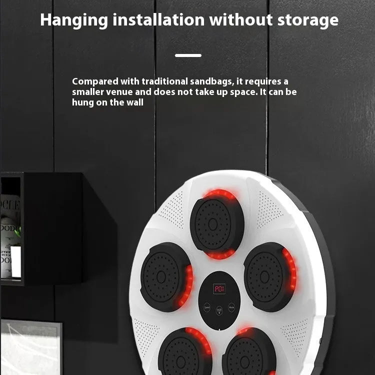 Wall-mounted smart boxing trainer sandbag with LED lights on black ABS surface, showing mounting brackets.