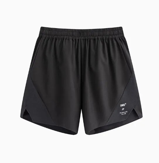 Black and blue four-point running shorts with laser punching stitching details on a mannequin.