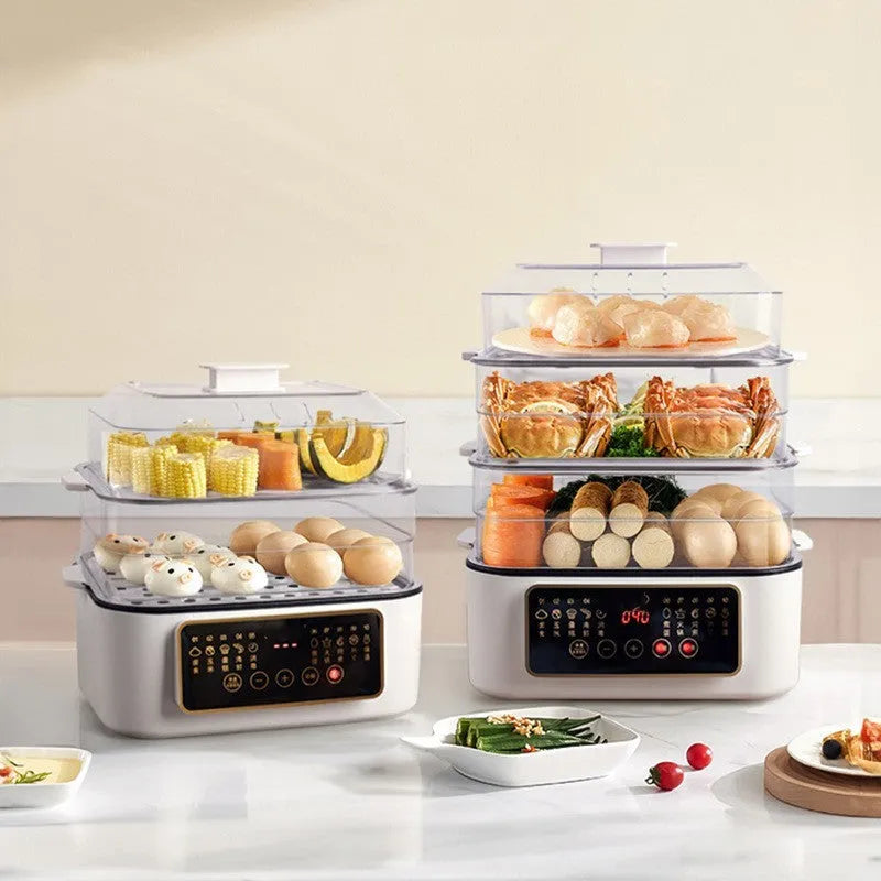 Household electric food steamer with stainless steel rack showing 10-litre capacity and control panel.