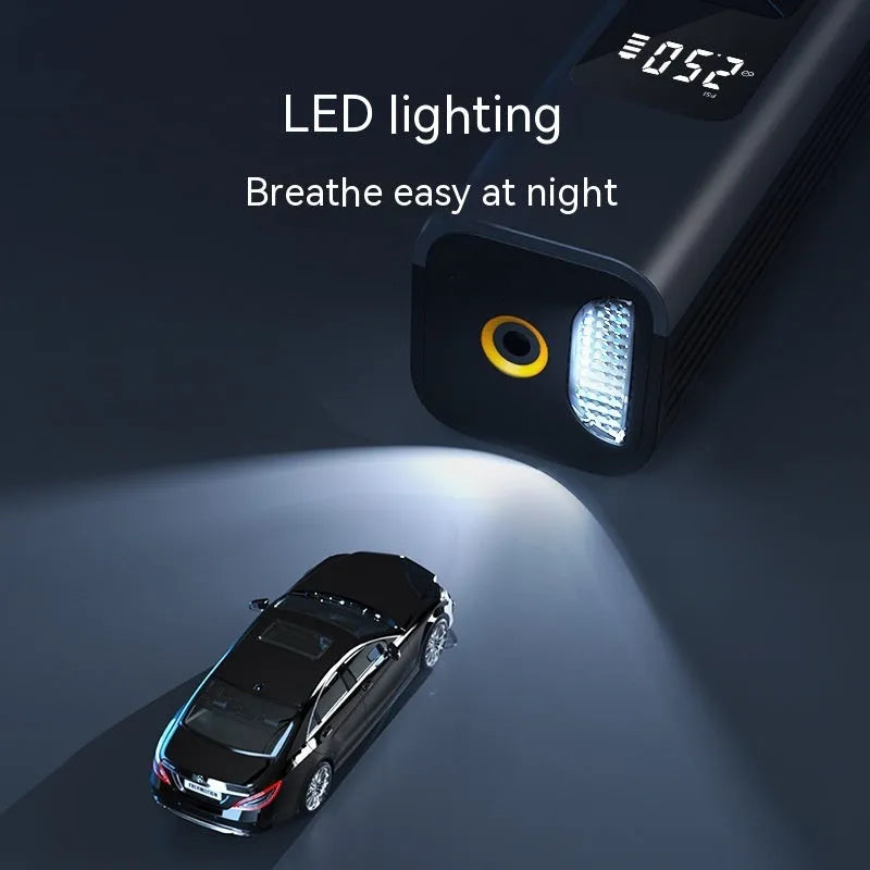 Wireless car air pump with digital display, vacuum cleaner attachment and emergency lighting functions