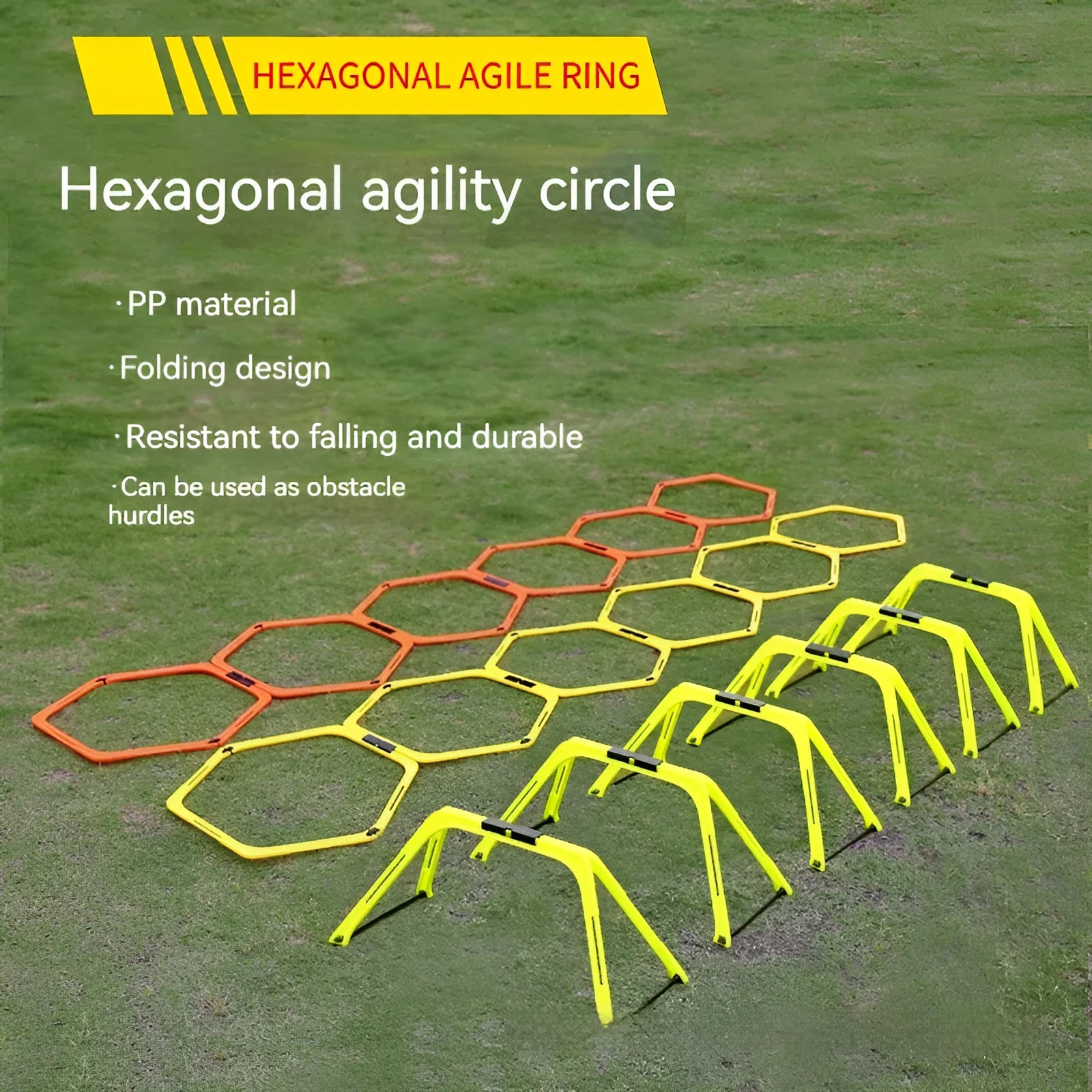 Six foldable hexagon agility training rings in green, orange, and yellow colours for football drills.