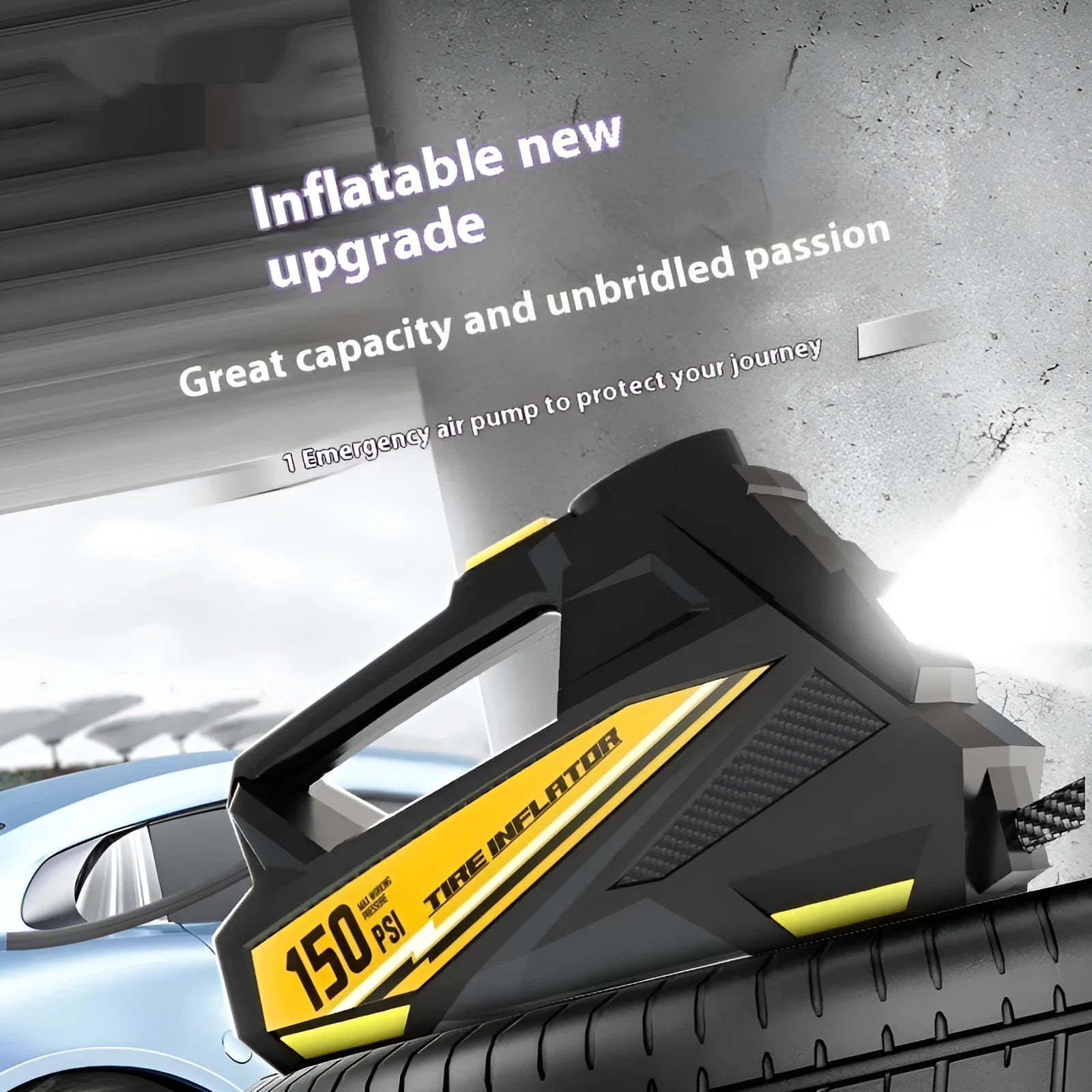 Black portable 12V car tyre inflator with digital display and LED light on ABS housing.