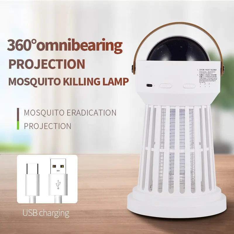 2 in 1 electric mosquito killer lamp with star ceiling projection, white ABS shell, USB charging, for indoor and outdoor use