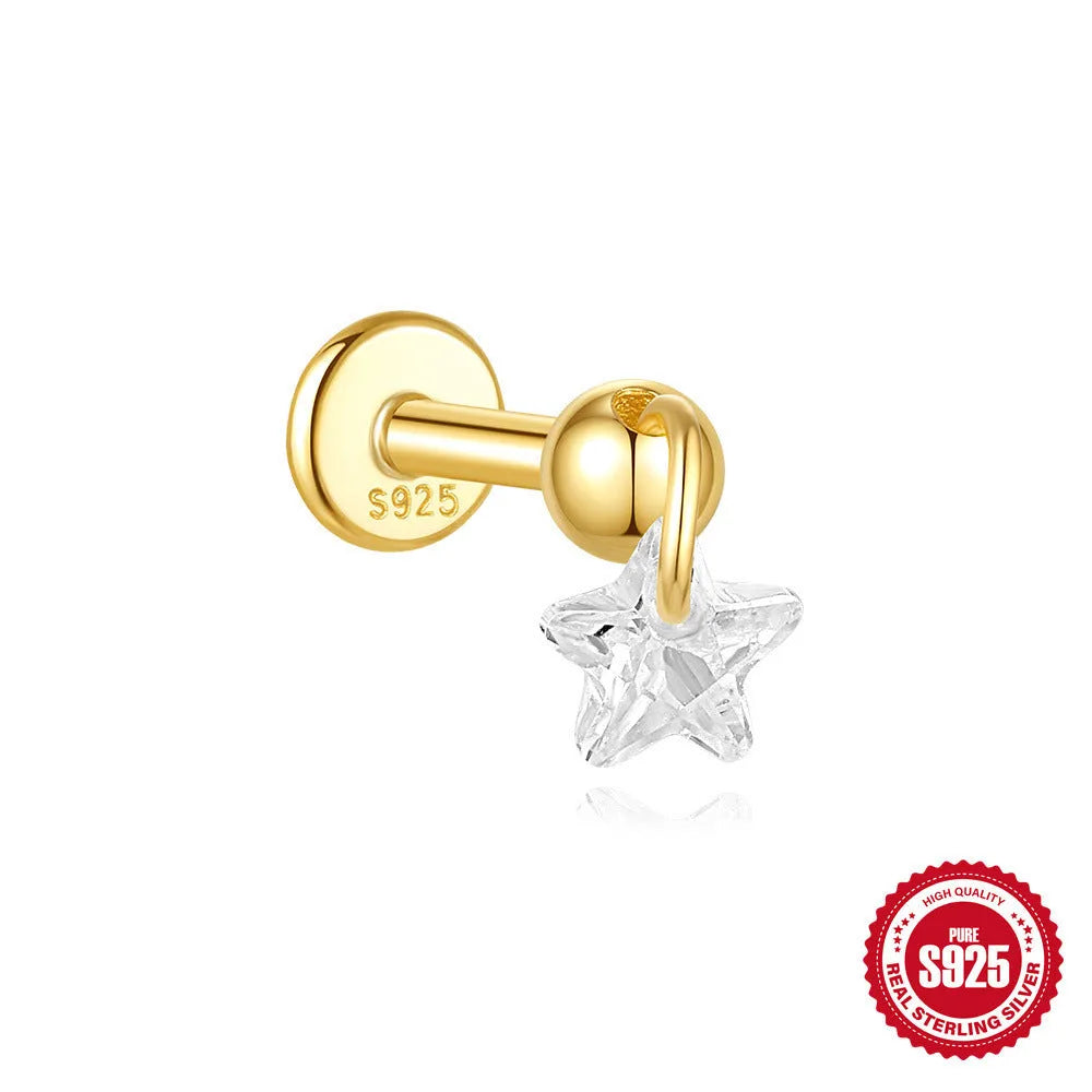 S925 sterling silver geometric moon and star earrings with diamond accents in gold-plated finish
