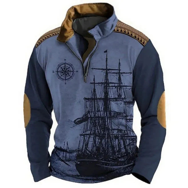 Men's loose fit long sleeve t-shirt with retro striped printing and zipper details